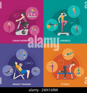 Different kinds of gym training cardio fitness aerobics and weight training 2x2 flat icons set isolated vector illustration Stock Vector