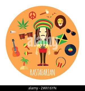 Member of rastafari belief and way of life character accessories flat round yellow background abstract vector illustration Stock Vector