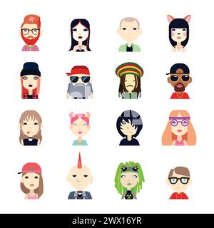 Subcultures and people icons set with hippie and hipster flat isolated vector illustration Stock Vector