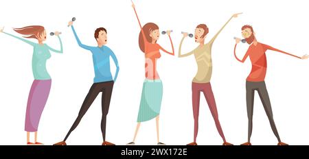 Set of five isolated male and female young people characters gesticulating and singing karaoke party songs vector illustration Stock Vector