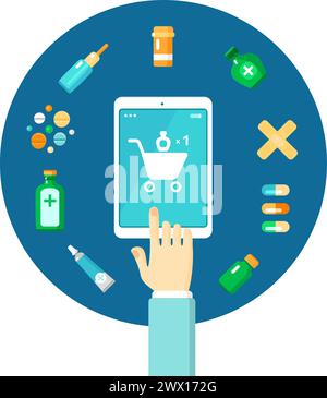Colored flat pharmacy online composition with isolated icon set of medicines and medical tools with drug tablets droplets in online store vector illus Stock Vector