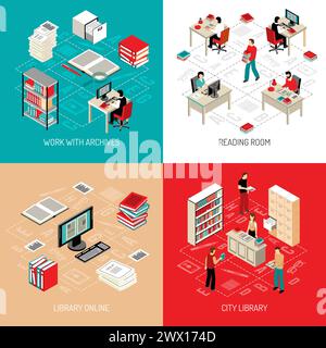 City library reading room with online archive and catalog access 4 isometric icons square abstract vector illustration Stock Vector