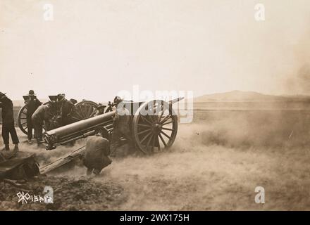 School of Fire for field artillery, Fort Sill Oklahoma; The 4.7' guns in action during a practice drill ca. 1918 Stock Photo