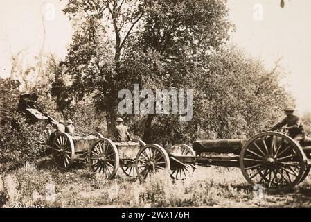 School of Fire for field artillery, Fort Sill Oklahoma; Tractor hauling American 4.7' gun during a drill ca. 1918 Stock Photo