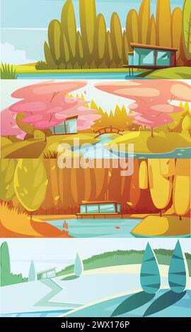 Countryside landscapes seasons 4 horizontal banners set with winter summer autumn and spring retro isolated vector illustration Stock Vector