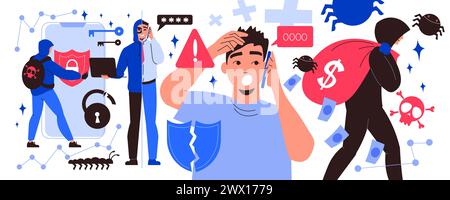 Cyber crime flat concept with hacker stealing money online vector illustration Stock Vector