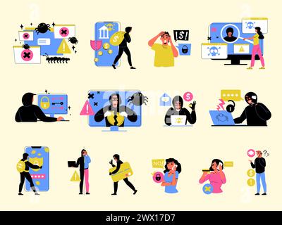 Cyber crime flat icons set with hacker attacks isolated vector illustration Stock Vector