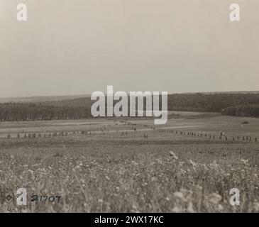 Troops of the 1st battalion, 148th regiment, infantry, 74th brigade, 37th division, advacning in formation near Gleacourt, France ca. 1918 Stock Photo