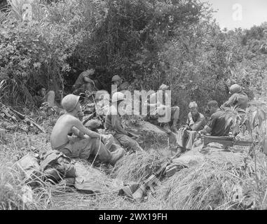 Vietnam War: Members of Companies B and D, 1st Battalion, 501st Infantry, Regiment, 101st Airborne Division, take a break from jungle fighting east of Tam Ky ca. 1969 Stock Photo