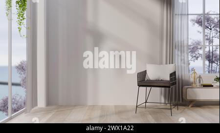 The interior design of a contemporary living room with an armchair, a white wall, a parquet floor, and amazing large windows. 3d render, 3d illustrati Stock Photo