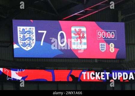 Bolton, UK. 26th Mar, 2024. Toughsheet Community Stadium, Bolton, England, March 26th 2024: The Scoreboard after the 2025 UEFA European Under-21 Championship qualification match between England and Luxembourg at Toughsheet Community Stadium in Bolton, England on March 26th 2024. (Sean Chandler/SPP) Credit: SPP Sport Press Photo. /Alamy Live News Stock Photo