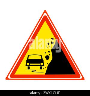 Warning falling rocks sign. Triangle danger sign with car and stones landslide. Traffic caution insignia about rockslide or gravel. Rockfall. Vector Stock Vector