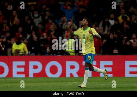 Madrid, Spanien. 26th Mar, 2024. Madrid Spain; 03/26/2024.- Spain draws Brazil 3-3 in a friendly match. Spanish National Team draws 3-3 with its Brazilian counterpart at the Santiago Bernabeu Stadium in the capital of the Kingdom of Spain. Goal spain Rodri Hernandez 12 (Penalty) and 87  (Penalty), Dani Olmo 36  Goal Brazil Rodrigo Goes 40 , Endrikc Felipe 50 , Lukas lPaqueta 90  6 , Credit: Juan Carlos Rojas/dpa/Alamy Live News Stock Photo