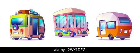 Camper van and trailer caravan car cartoon illustration. Vintage travel bus for road trip in summer with family. Vacation truck icon for camping adventure and luggage on wagon. Recreational motorhome Stock Vector