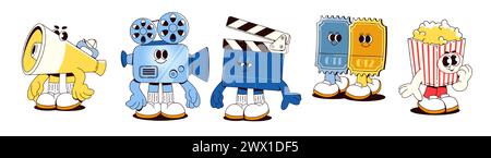 Movie theater mascots set isolated on white background. Vector cartoon illustration of megaphone, film projector, clapperboard, tickets, popcorn box characters, contemporary cinema design elements Stock Vector