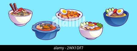 Korean traditional food collection. Cartoon vector illustration set of dinner meal in bowl and with chopsticks. Oriental cooked eating of soup and noodle, meat and eggs, vegetables and spice on plates Stock Vector