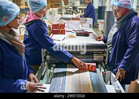 People, printer and warehouse production in factory for wholesale distribution, publishing or manufacturing. Workers, teamwork and newspaper press Stock Photo