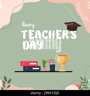 Happy Teacher Day Vector Illustration. International Teacher Day Celebration. Suitable for Greeting Card, Poster, Banner, Template, Flyer Design. Stock Vector