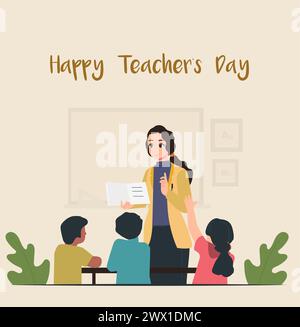 Happy Teacher Day Vector Illustration. International Teacher Day Celebration. Suitable for Greeting Card, Poster, Banner, Template, Flyer Design. Stock Vector
