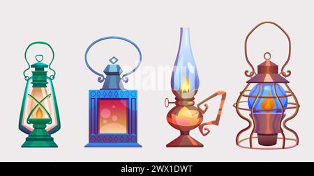 Old oil lamp, gas or kerosene camp lantern vector set. Antique light with fire isolated design. Vintage garden and camping portable outdoor warning flame. Safety miner hanging brass equipment Stock Vector