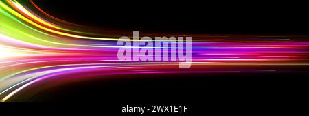 Speed light effect, fast dynamic line background. Night car race trail graphic. Flare streak action bright long exposure. Yellow and red data and network design. Modern neon gradient tail concept Stock Vector