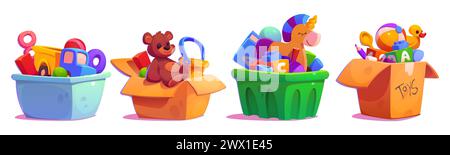 Kid box with bear toy, ball and child car cartoon. Full gift chest collection to play in kindergarten for toddler clipart set isolated on white background. Old teddy and animals stuffed in package Stock Vector