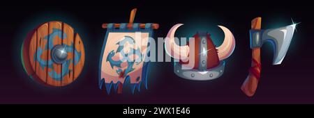 Medieval viking game icon with shield and weapon. Fantasy knight or warrior fight item set with axe, helmet and flag. Magic dungeon military asset kit. Nordic battle gamer inventory object collection Stock Vector