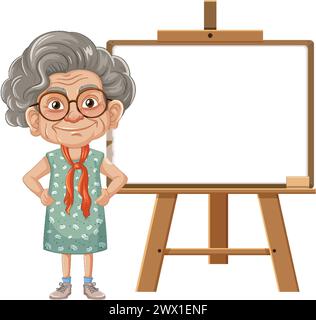 Elderly artist ready to paint on easel. Stock Vector