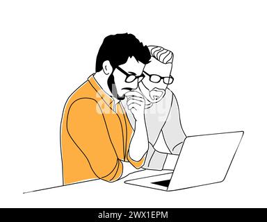 Two business men looking at laptop in doubts. Stock Vector