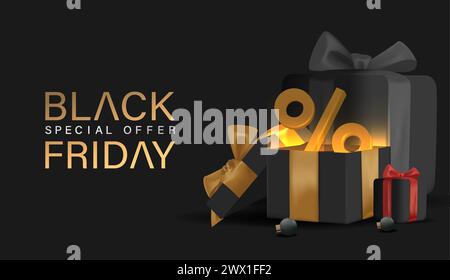 Black Friday Design Poster with 3D Realistic Black Gift Box Vector Illustration. Suitable for Poster, Banner,Sale Banner, Web Header, Flyer and Promot Stock Vector