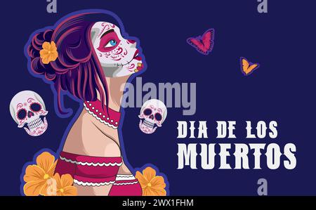 Dia de los muertos means Day of the dead. Mexican holiday festival Template Banner Vector Illustration. Stock Vector