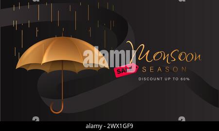 Monsoon Season Sale with 3D Realistic Umbrella Vector Illustration. Suitable for Poster, Banner, Flyer, Web Header and Advertisement Page Design. Stock Vector