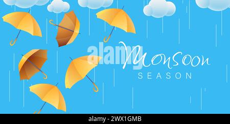 Monsoon Season Sale with 3D Realistic Umbrella Vector Illustration. Suitable for Poster, Banner, Flyer, Web Header and Advertisement Page Design. Stock Vector