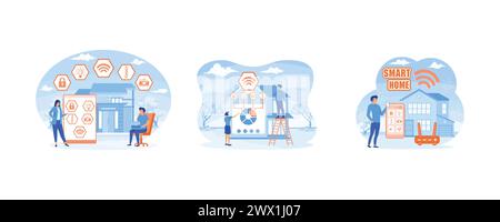 Business people controlling smart house devices with tablet and laptop. Smart home with cognitive intelligence concept. Smart home application concept Stock Vector