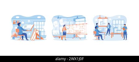 Architectural Desk for Sketching. Professional construction plan development job as technical occupation. Team Planning Project and Doing Presentation Stock Vector