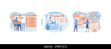 Software engineer sit in chair working on laptop use programming language code. Web design and development. Web development concept. Set flat vector m Stock Vector