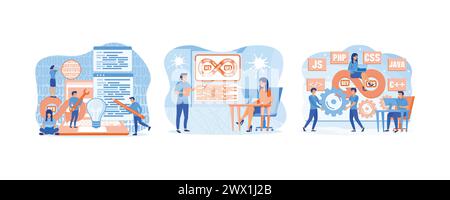 DevOps software, team of programmer, development. Team of programmer concept with devops software development. Programmers practice of development and Stock Vector