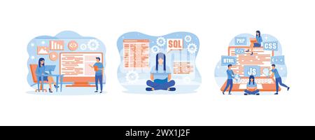 Software engineer concept. Web design and development, programmer and coding website or app. Software programming Concept for web page. Set flat vecto Stock Vector