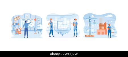 Man architect drawing house project floor plan at draftsman studio. Creative people building city of dream. Man with Project in Helmet and Suit. Set f Stock Vector