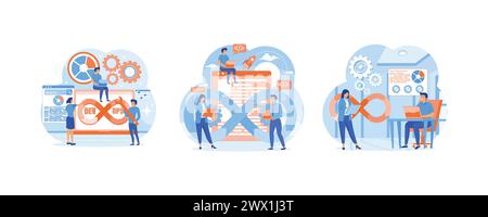 Programmers Practice Development and Software Operations. Software development operations workflow. Dev0ps engineers web design with people. Set flat Stock Vector