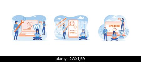 Software update people for mobile app design. Software Update concept, can be used for landing page. Software update or operating system. Set flat vec Stock Vector