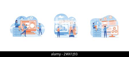 Web hosting or cloud computing poster with system admins. Web hosting concept. Website hosting service composition for social media promotional materi Stock Vector