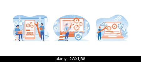 System maintenance concept. Update program and application, technology. Update program application, engineer, error, fixing a trouble, device updating Stock Vector