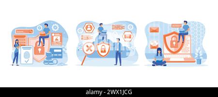 Data protection concept. Man holding security shield and developer using laptop. Safety and confidential data protection. Set flat vector modern illus Stock Vector