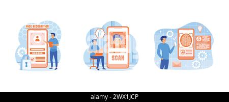 Man standing with a phone, identifies a face. Face recognition concept. Face recognition system development online service or platform. Set flat vecto Stock Vector