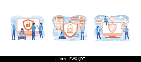 People and computer with shield and lock. Safety and confidential data protection. Data Protection Privacy Concept. Set flat vector modern illustratio Stock Vector