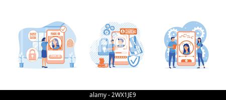 Face recognition and data safety concept. Person holds phone and scans the face with mobile application. Face recognition and data safety. Set flat ve Stock Vector