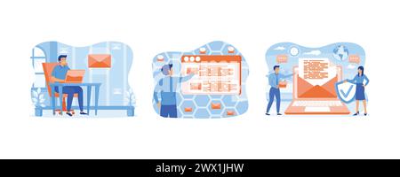 Mail service concept. Man on browser screen checking mailbox online. Mail service, e-mail message, mail notification sending. Set flat vector modern i Stock Vector