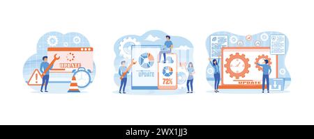 Tiny programmers upgrading operating system. System updates with people updating operation in computing and installation programs. Improve network, se Stock Vector