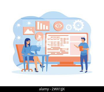 Software engineer concept. Web design and development, programmer and coding website or app. project engineer, programming software. flat vector moder Stock Vector